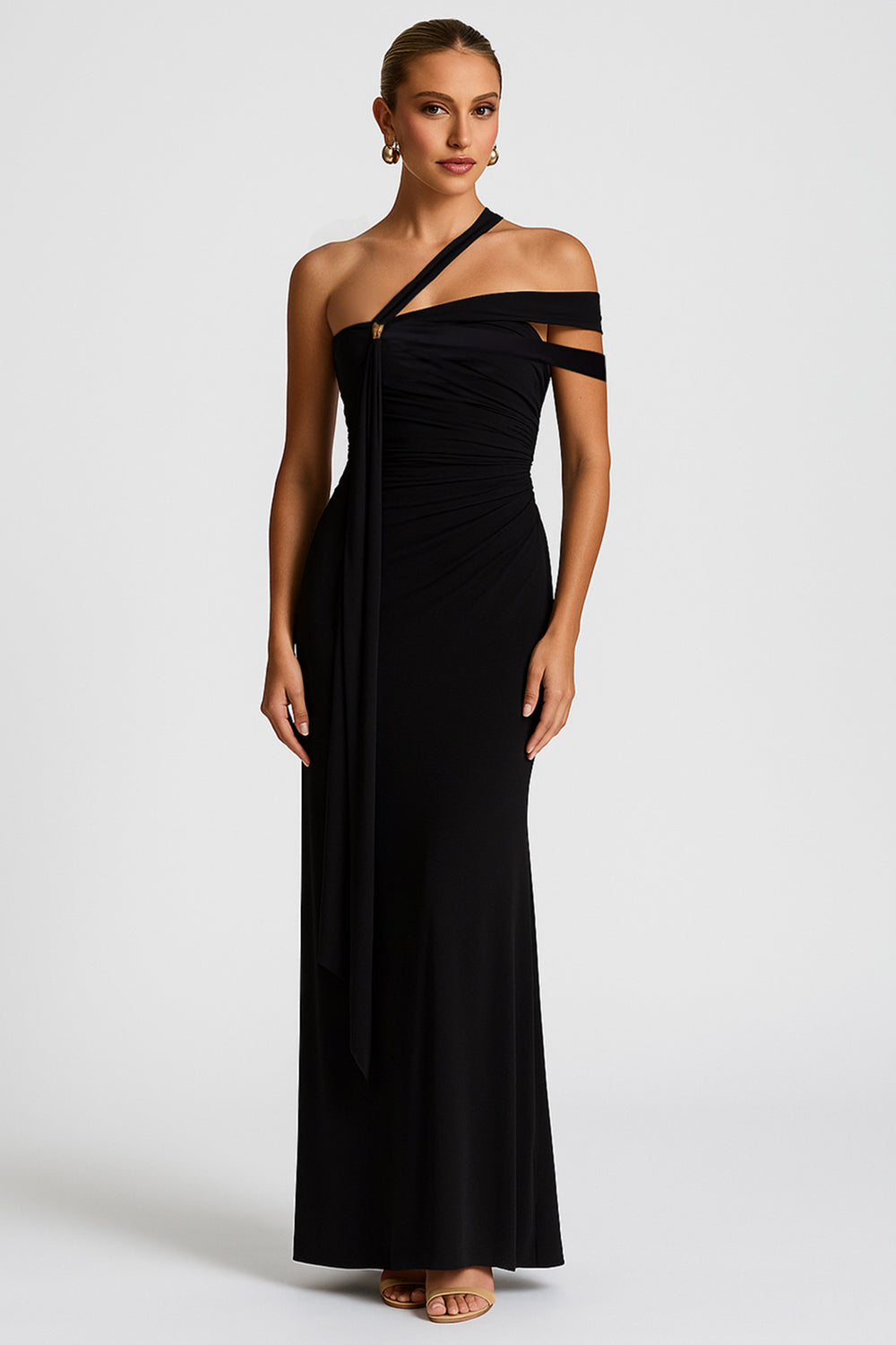 One Shoulder Ruched Sash Wedding Guest Slim Fit Maxi Dresses [Pre Order]