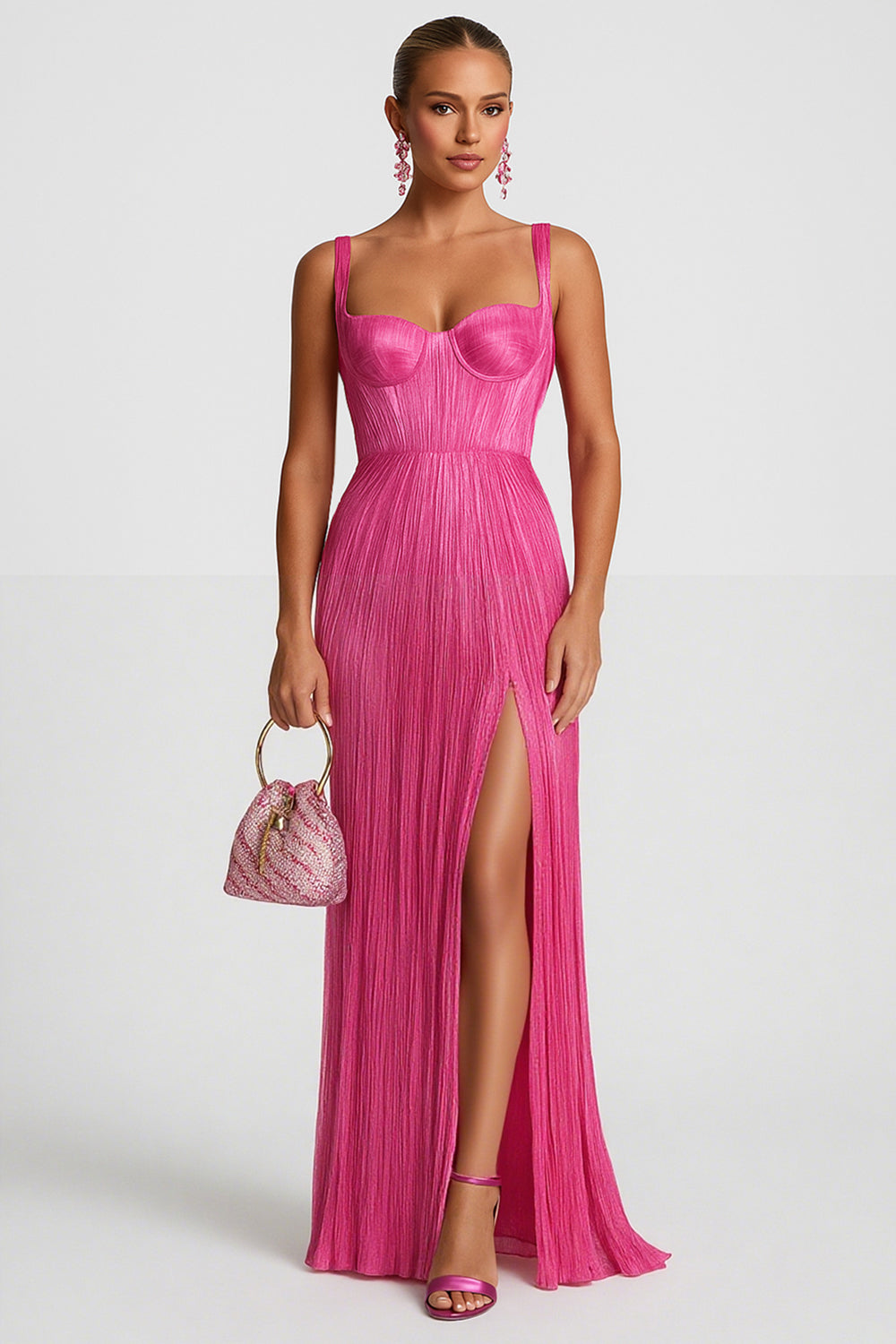 Sweetheart Neck Wrinkled Texture Wedding Guest Slit Maxi Dresses [Pre Order]
