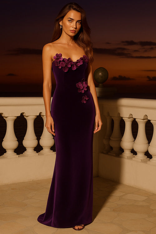 3D Flower Decor Strapless Formal Slim Fit Maxi Dresses [Pre Order]