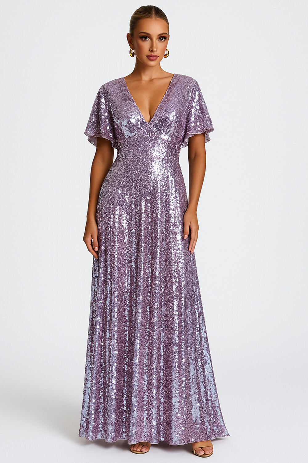 Sequin Decor V Neck Flutter Sleeve Wedding Guest Maxi Dresses [Pre Order]
