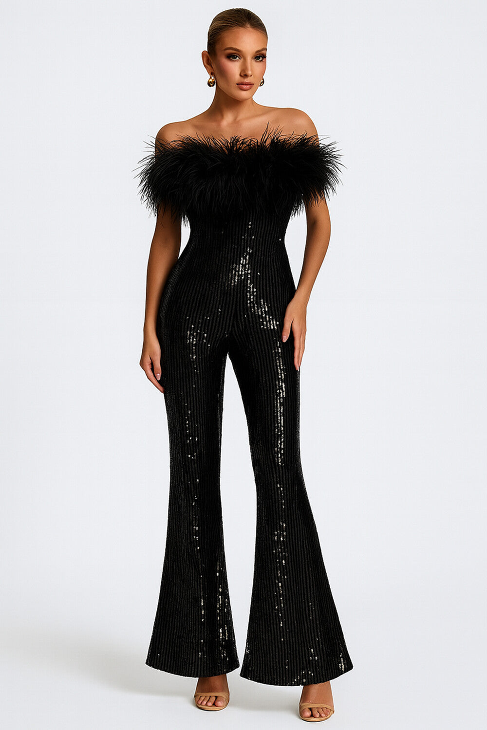 Feather Trim Sequin Decor Formal Slim Fit Flare Leg Jumpsuit [Pre Order]