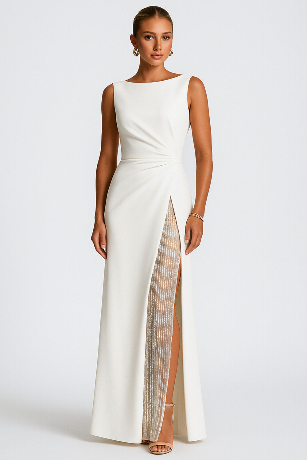 Boat Neck Hot Drilling Patchwork High Slit Formal Maxi Dresses [Pre Order]
