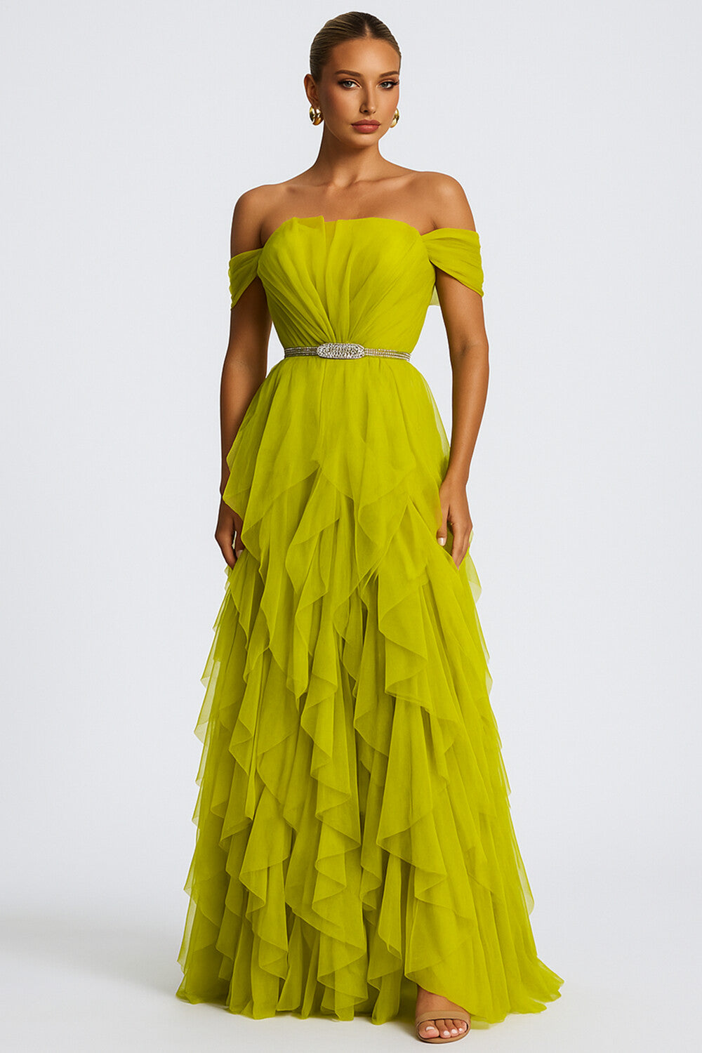 Off Shoulder Sleeveless Ruffle Hem Wedding Guest Maxi Dresses [Pre Order]