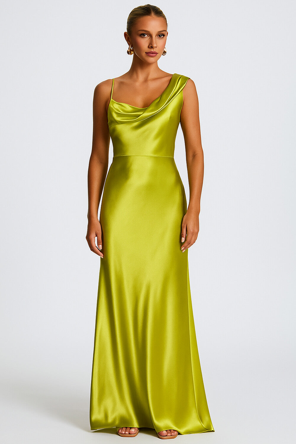 Asymmetric Cowl Neck Wedding Guest Solid Color Satin Maxi Dresses [Pre Order]