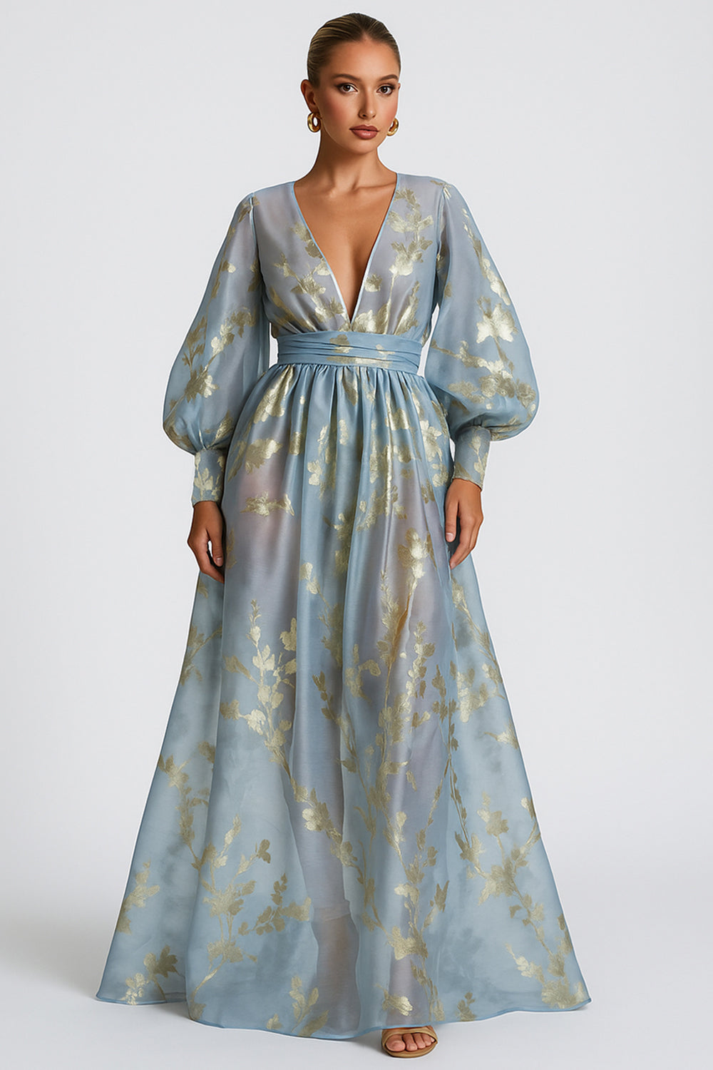 Foil Flower Deep V Neck Lantern Sleeve Wedding Guest Maxi Dresses [Pre Order]