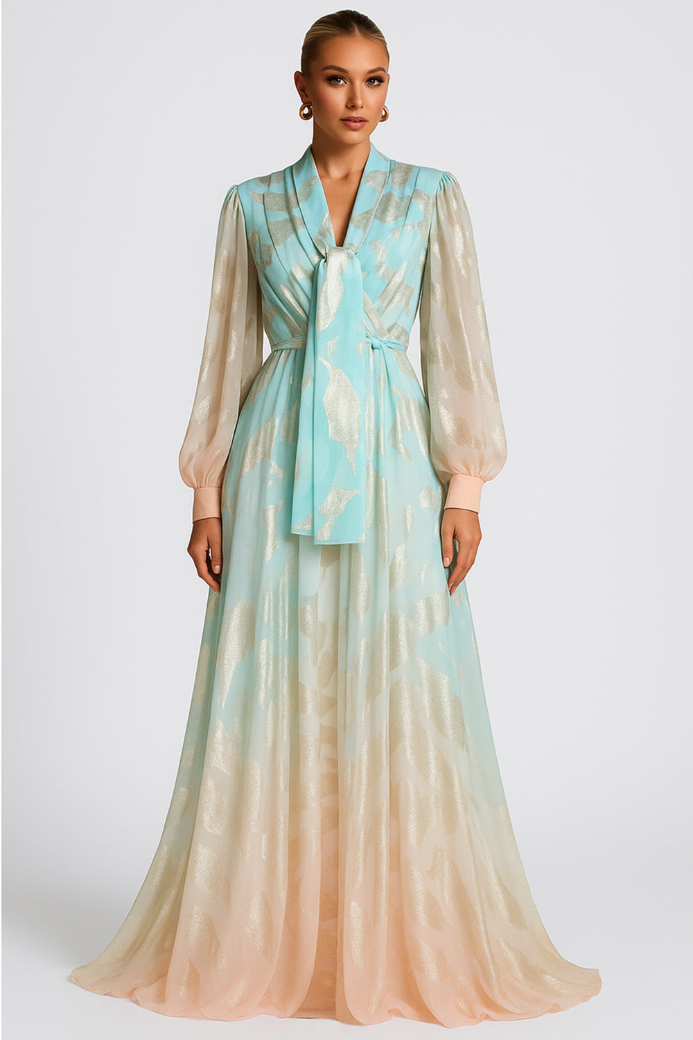 Foil Pattern Lantern Sleeve Wedding Guest Ombre Maxi Dresses [Pre Order]