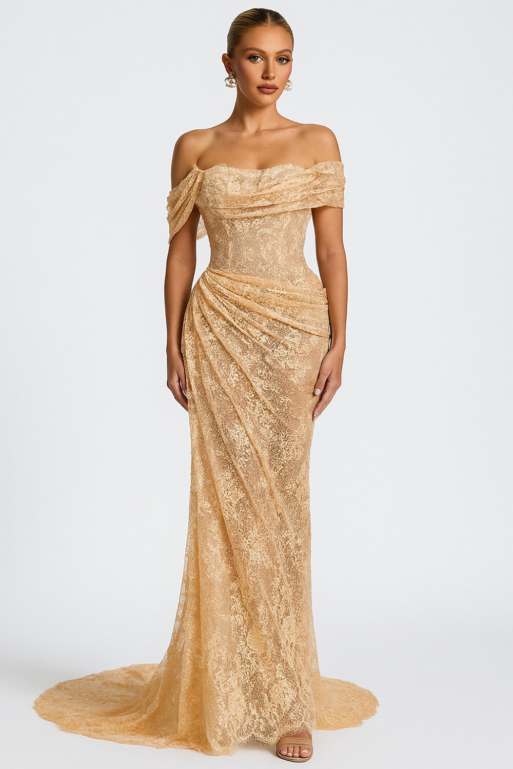 Asymmetric Off Shoulder Ruched Wedding Guest Lace Maxi Dresses [Pre Order]