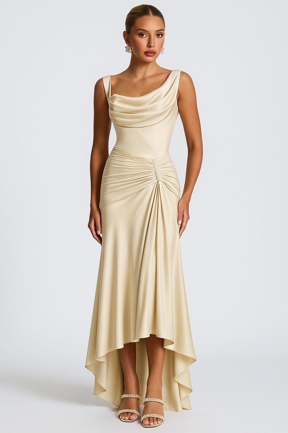 Asymmetric Cowl Neck Ruched Wedding Guest Maxi Mullet Dresses [Pre Order]