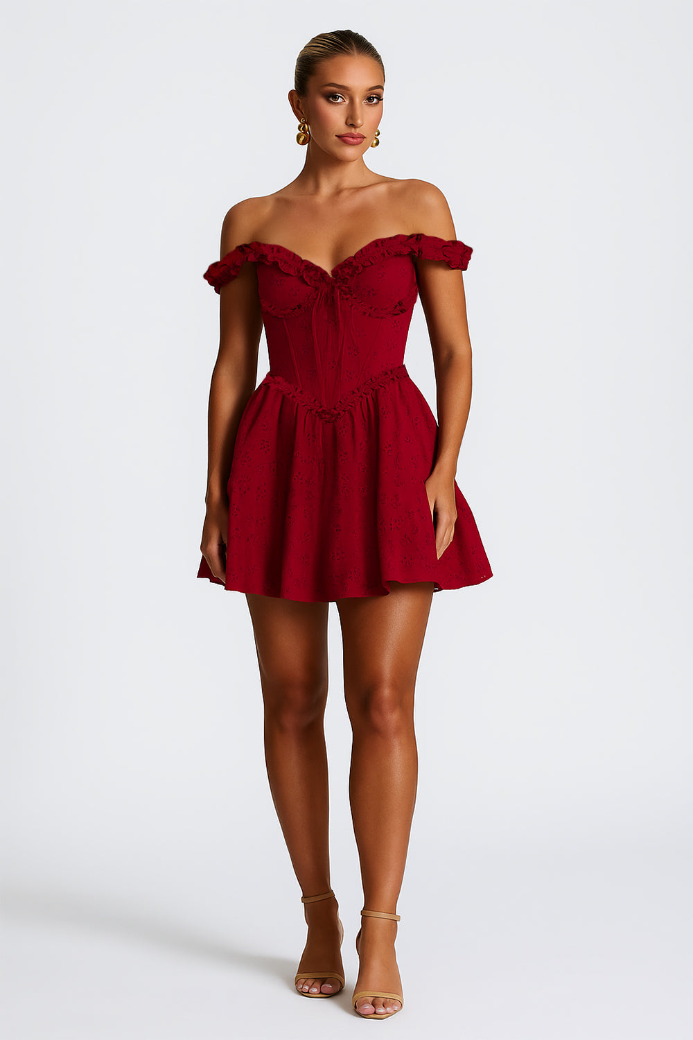 Frilled Trim Off Shoulder Corset Pleated A-Line Mini Dresses-Red