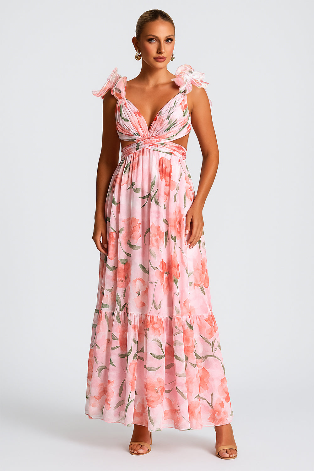 Floral Print Ruffled Straps Lace Up Backless Maxi Dresses-Pink