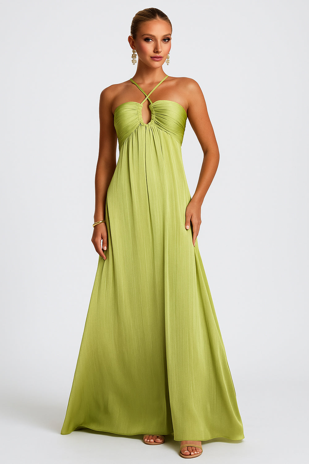 Cross Halter Neck Open Back A-Line Solid Color Maxi Dresses-Green