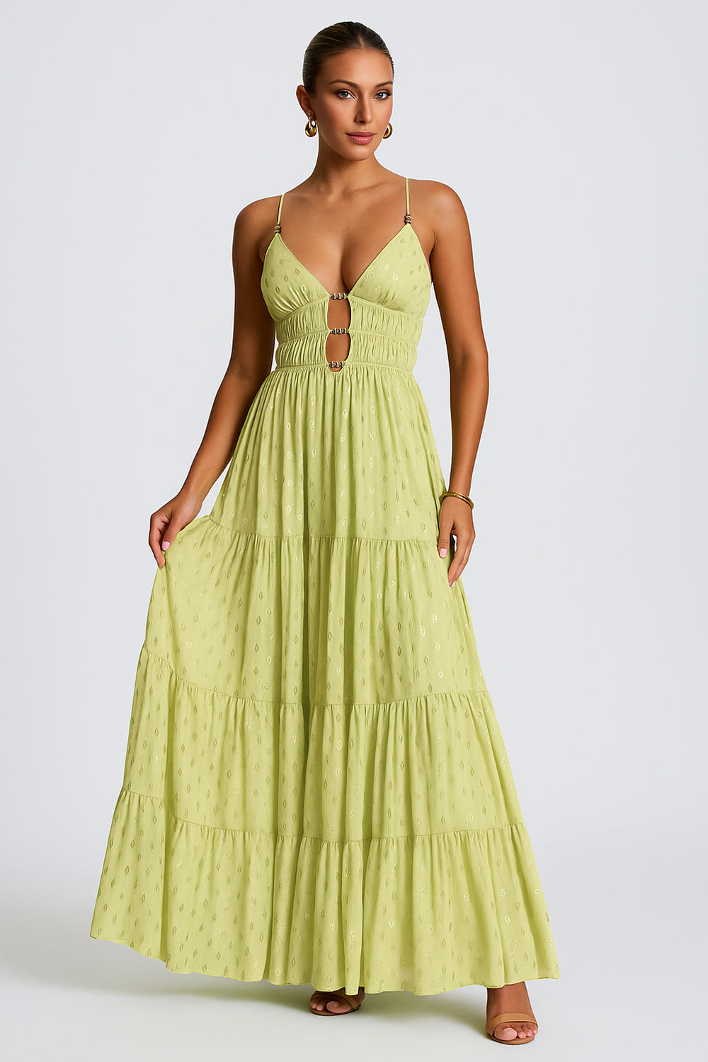 Plunge Neck Cutout Cinch Waist Glittering Slip Maxi Dresses