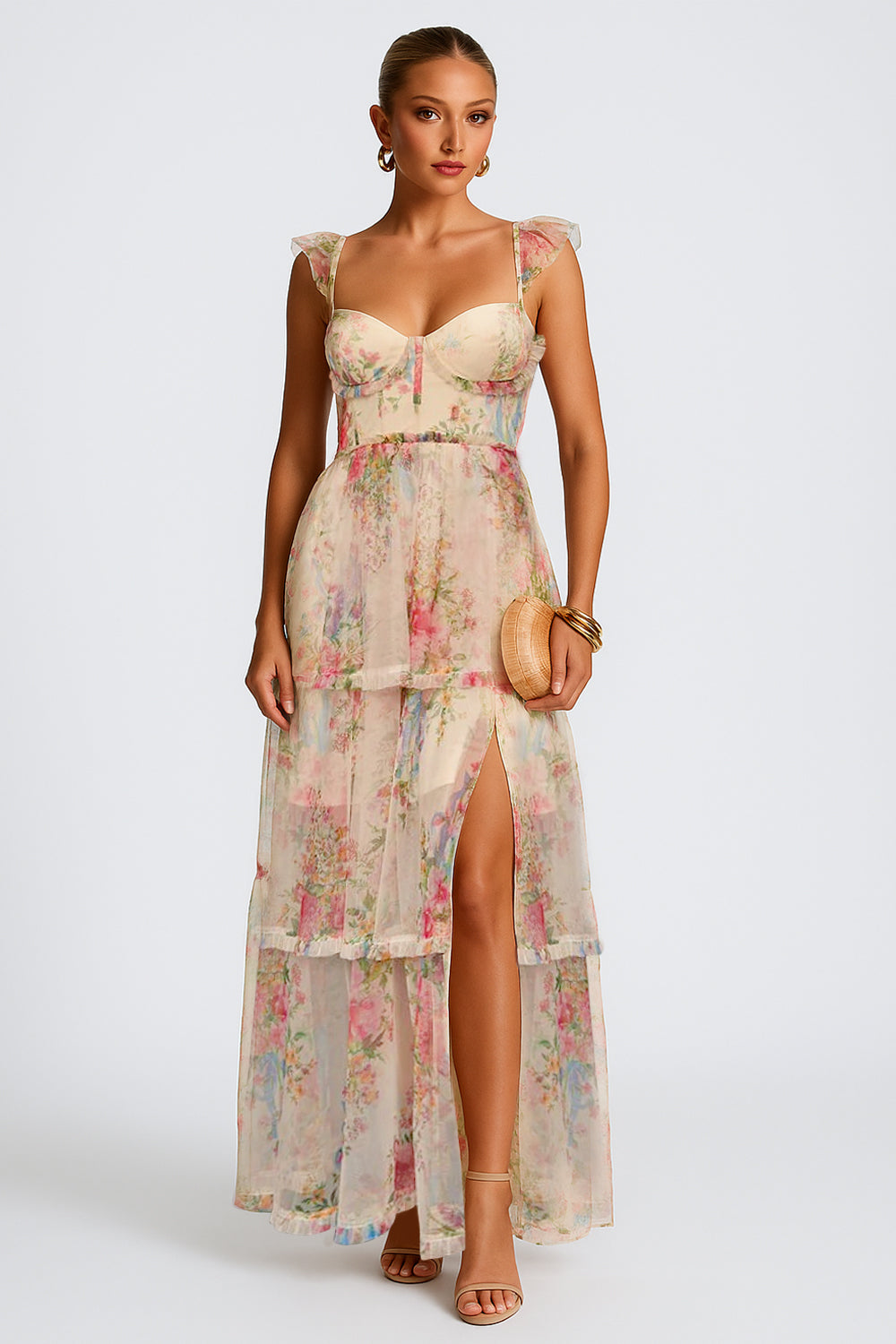 Floral Print Ruffled Straps Tiered Hem Slit Maxi Dresses-Beige