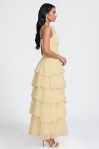 Spaghetti Strap Asymmetrical Ruffle Tiered Maxi Dresses-Yellow [Pre Order]