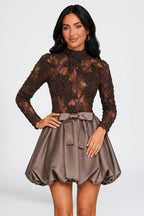 Lace Mock Neck Long Sleeve Satin Bubble Hem Mini Dresses-Brown [Pre Order]