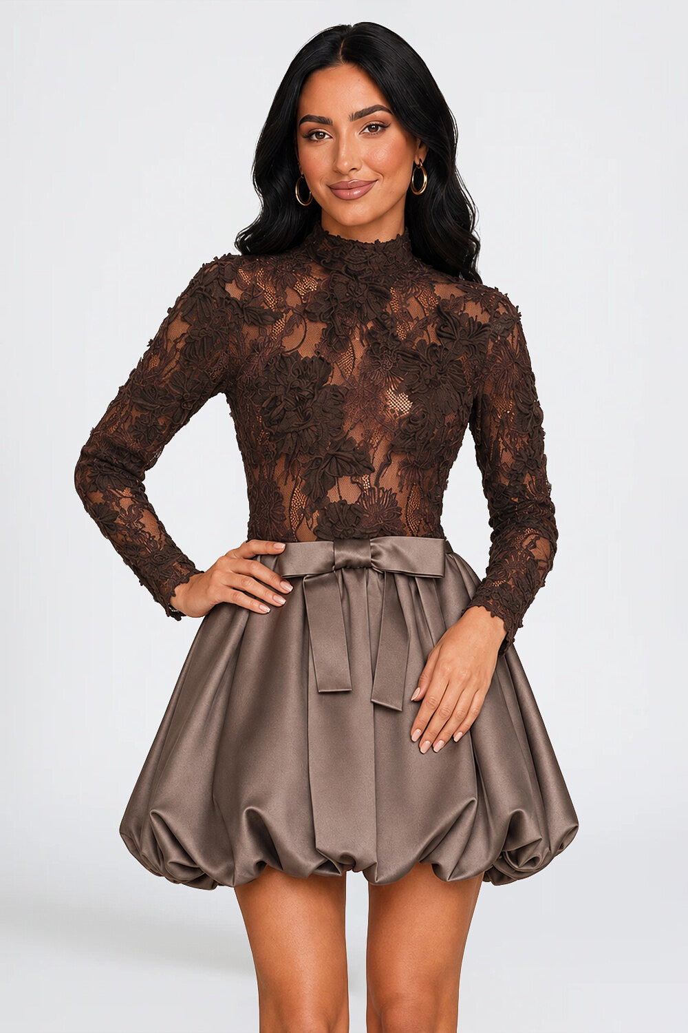 Lace Mock Neck Long Sleeve Satin Bubble Hem Mini Dresses-Brown [Pre Order]