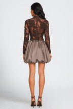 Lace Mock Neck Long Sleeve Satin Bubble Hem Mini Dresses-Brown [Pre Order]