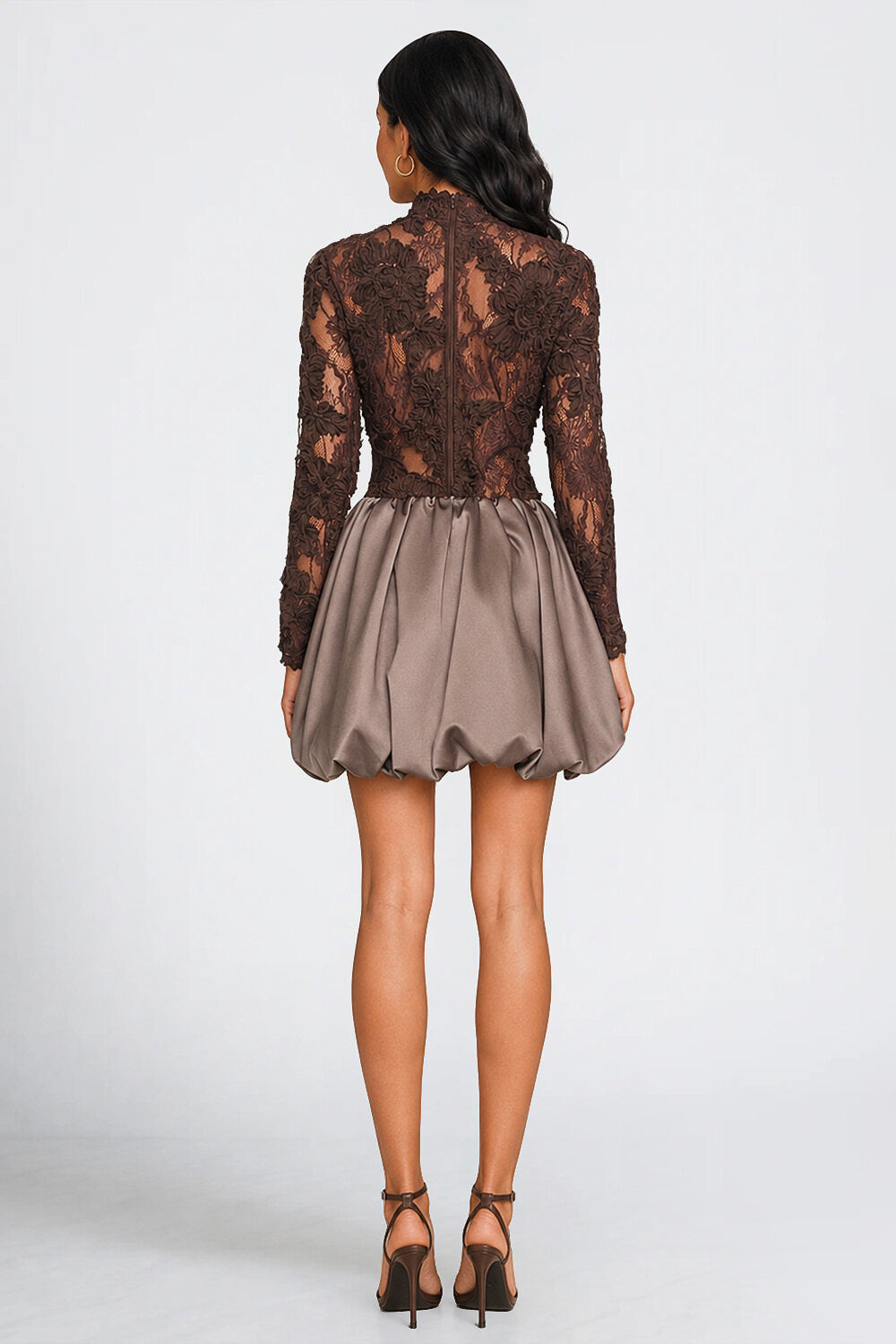 Lace Mock Neck Long Sleeve Satin Bubble Hem Mini Dresses-Brown [Pre Order]
