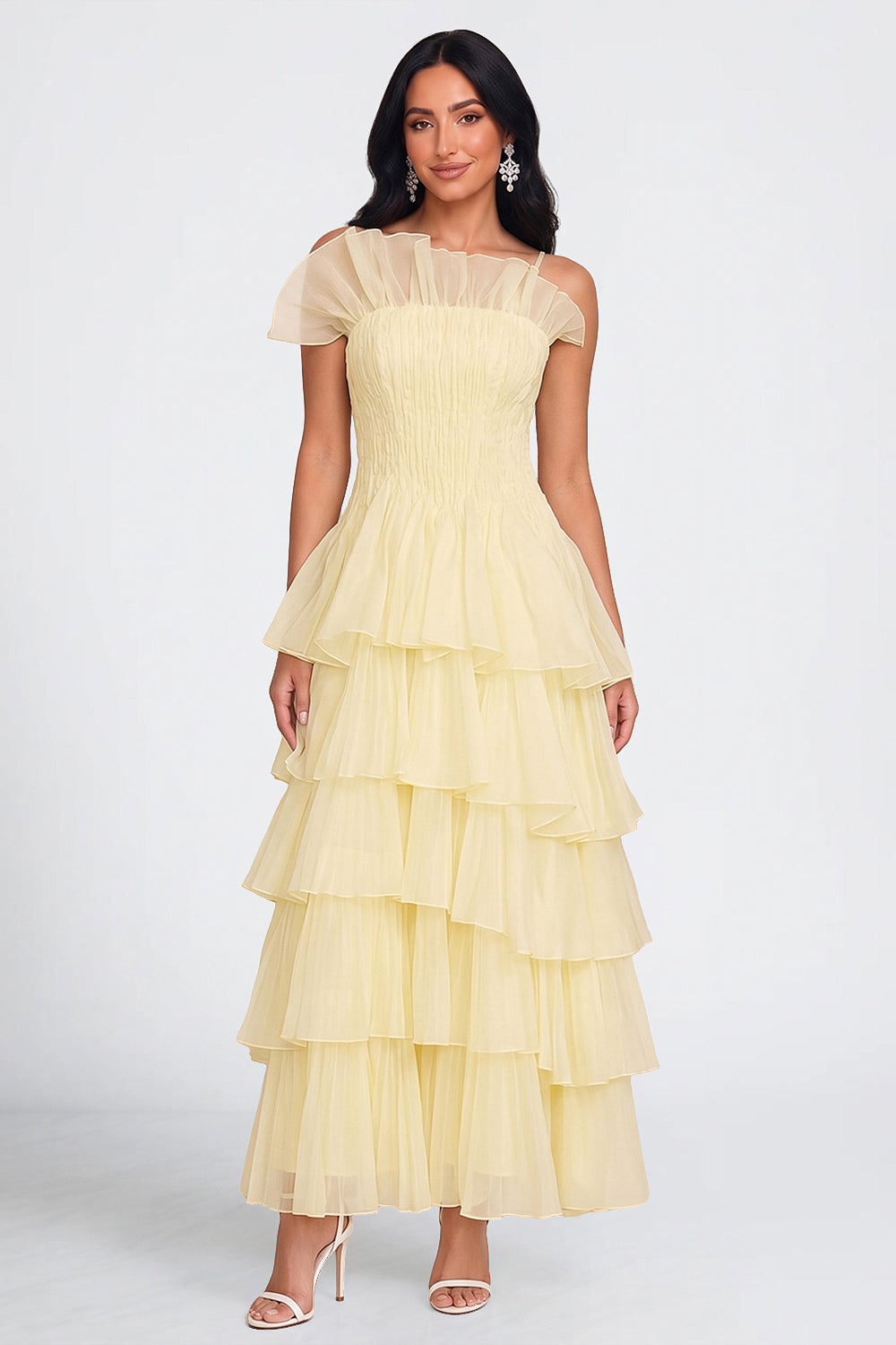 Spaghetti Strap Asymmetrical Ruffle Tiered Maxi Dresses-Yellow [Pre Order]