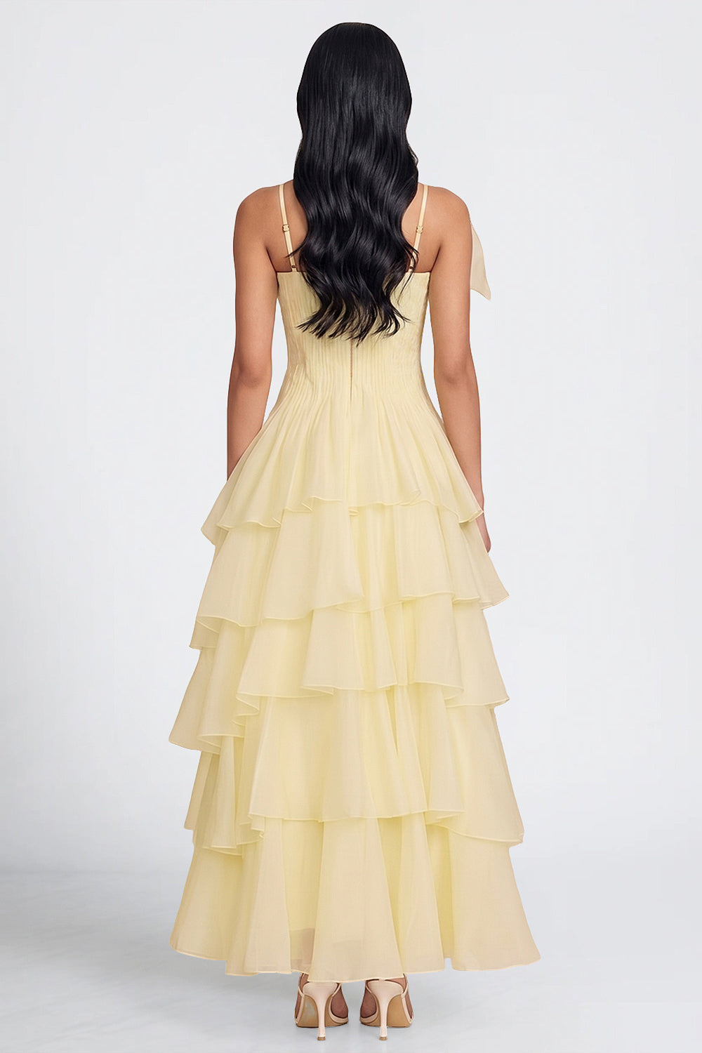 Spaghetti Strap Asymmetrical Ruffle Tiered Maxi Dresses-Yellow [Pre Order]