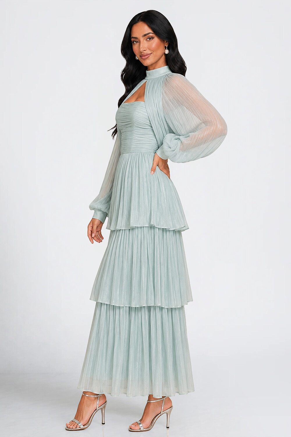 Mock Neck Cutout Lantern Sleeve Tiered Pleated Maxi Dresses-Green [Pre Order]