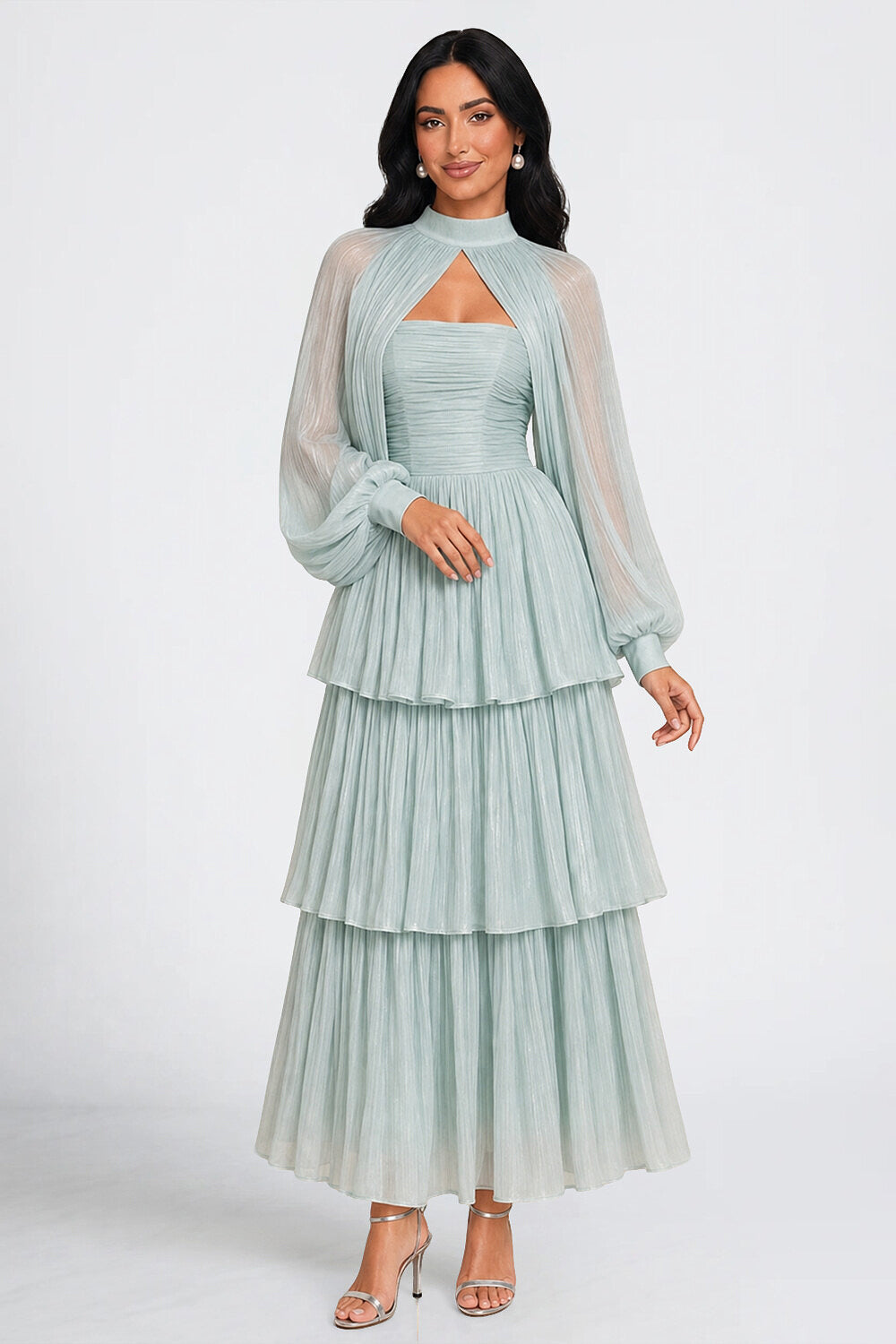 Mock Neck Cutout Lantern Sleeve Tiered Pleated Maxi Dresses-Green [Pre Order]