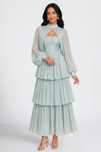Mock Neck Cutout Lantern Sleeve Tiered Pleated Maxi Dresses-Green [Pre Order]