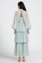 Mock Neck Cutout Lantern Sleeve Tiered Pleated Maxi Dresses-Green [Pre Order]