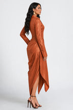 Deep V Neck Long Sleeve Draped Asymmetrical Midi Dresses-Rust [Pre Order]