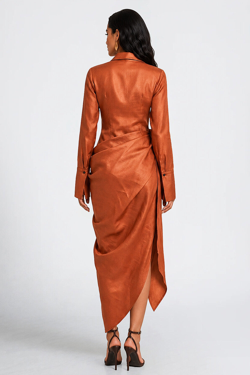 Deep V Neck Long Sleeve Draped Asymmetrical Midi Dresses-Rust [Pre Order]