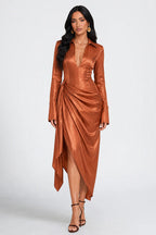 Deep V Neck Long Sleeve Draped Asymmetrical Midi Dresses-Rust [Pre Order]