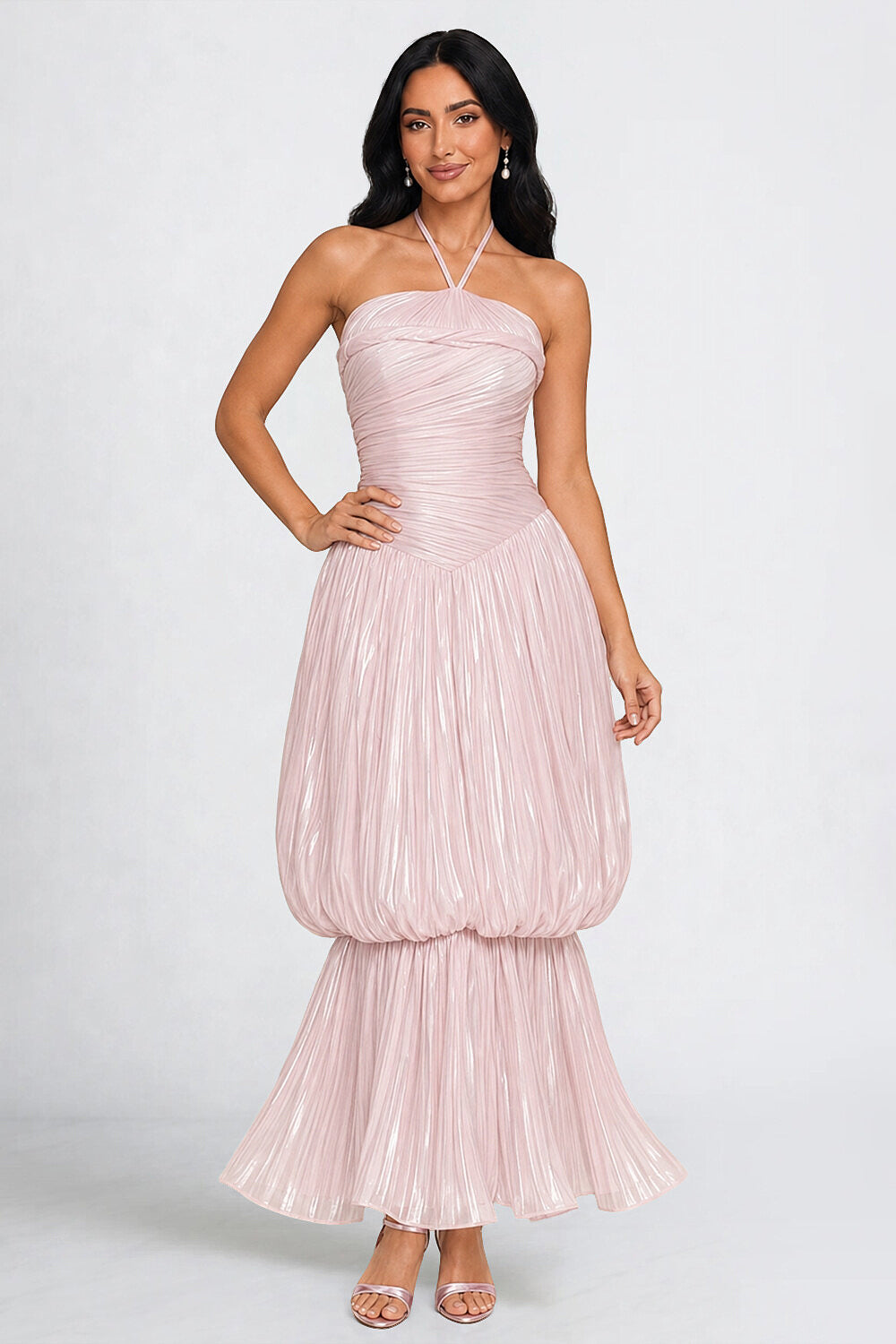 Halter Bubble Tiered Pleated Shimmering Maxi Dresses-Pink [Pre Order]