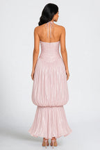 Halter Bubble Tiered Pleated Shimmering Maxi Dresses-Pink [Pre Order]