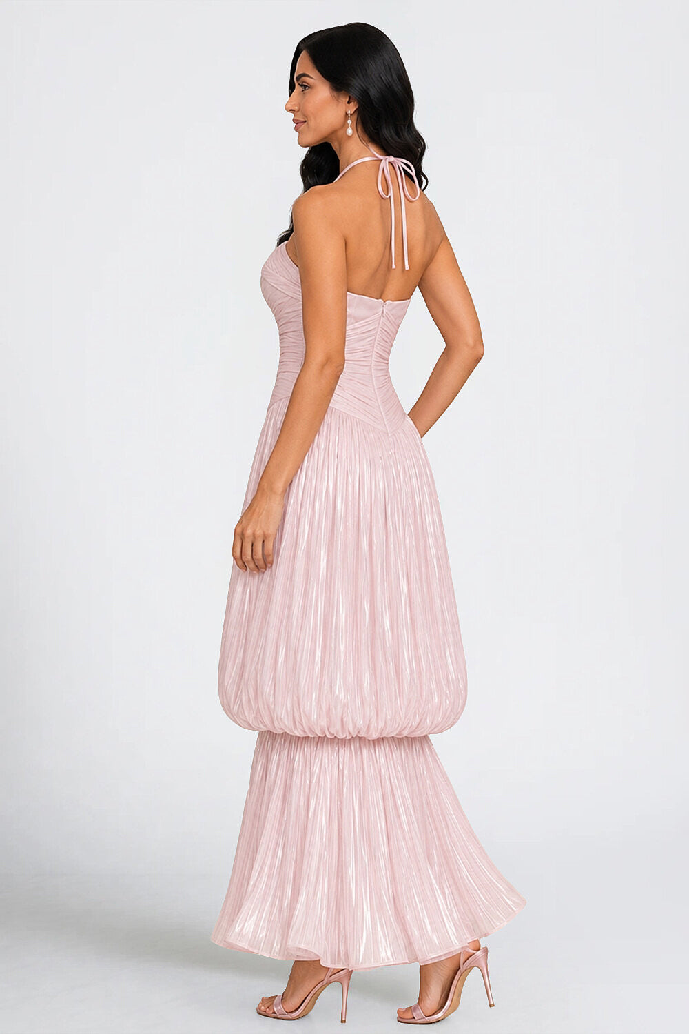 Halter Bubble Tiered Pleated Shimmering Maxi Dresses-Pink [Pre Order]