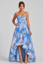 Strapless Corset Floral Print High‑Low Hem Maxi Dresses-Blue [Pre Order]