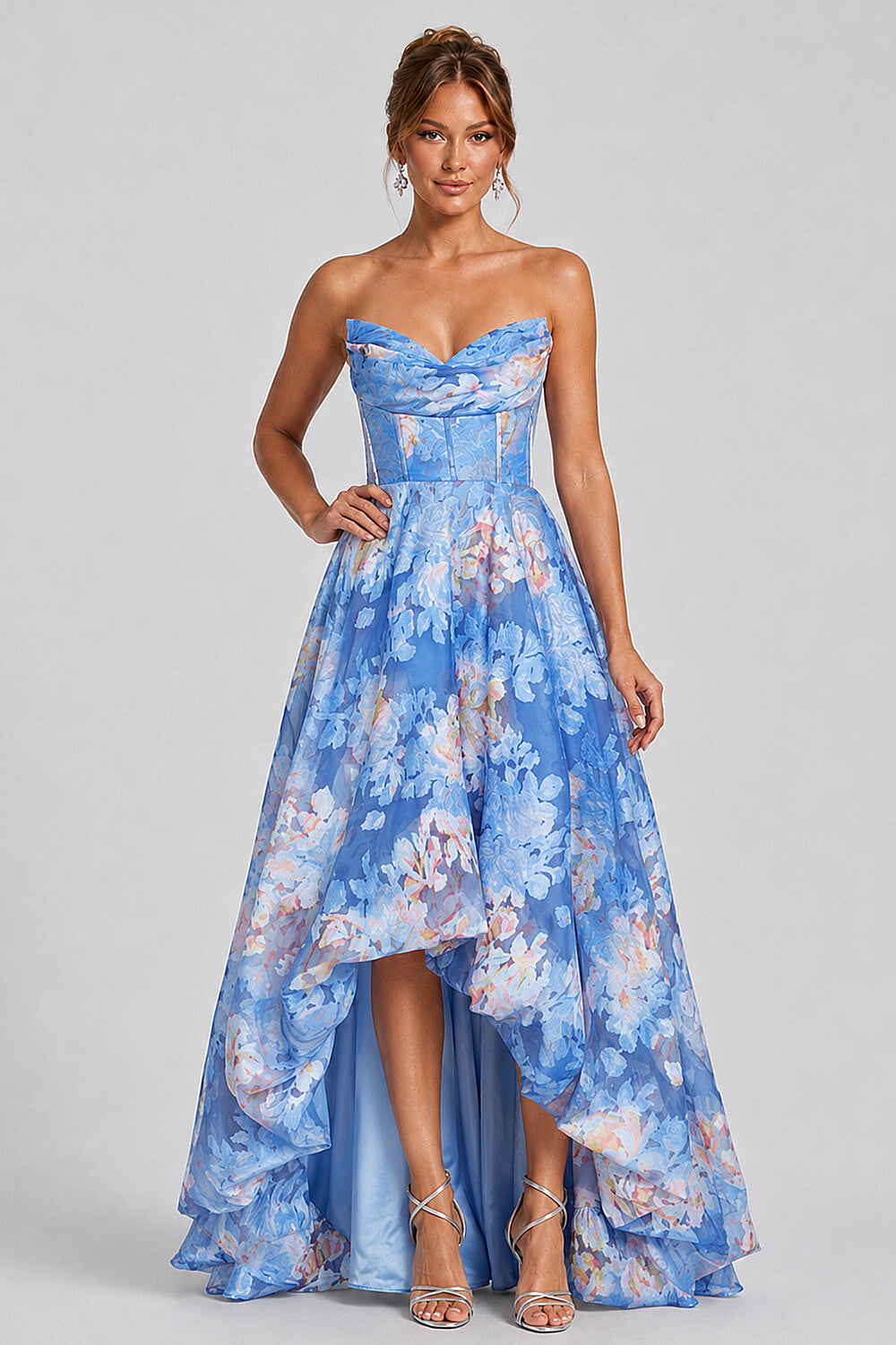 Strapless Corset Floral Print High‑Low Hem Maxi Dresses-Blue [Pre Order]