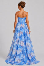 Strapless Corset Floral Print High‑Low Hem Maxi Dresses-Blue [Pre Order]