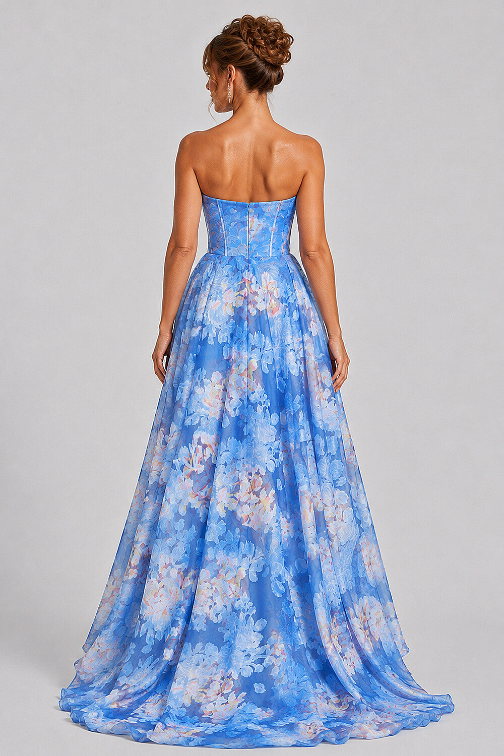 Strapless Corset Floral Print High‑Low Hem Maxi Dresses-Blue [Pre Order]