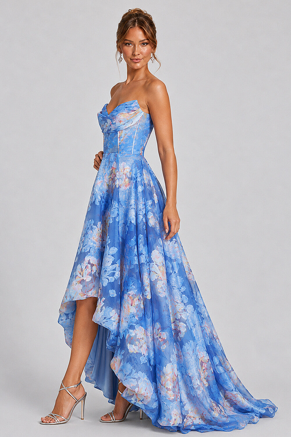 Strapless Corset Floral Print High‑Low Hem Maxi Dresses-Blue [Pre Order]