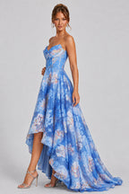 Strapless Corset Floral Print High‑Low Hem Maxi Dresses-Blue [Pre Order]