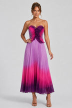 Ruffled Sweetheart Neck Pleated Ombre Midi Dresses-Purple [Pre Order]
