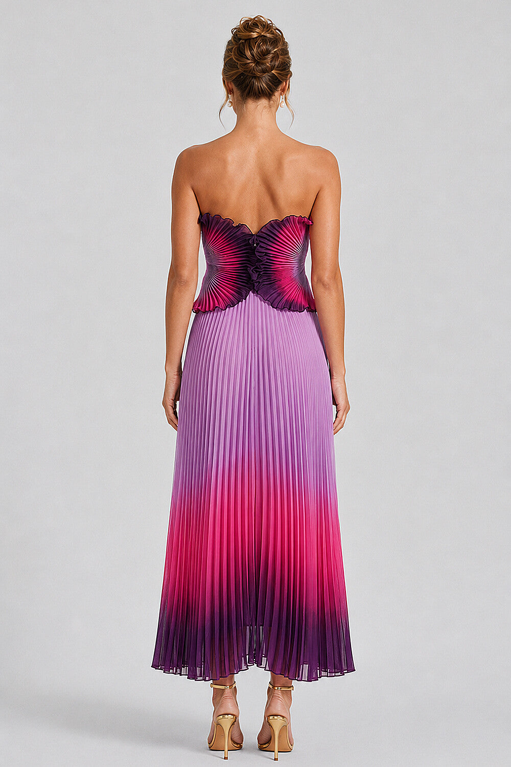 Ruffled Sweetheart Neck Pleated Ombre Midi Dresses-Purple [Pre Order]
