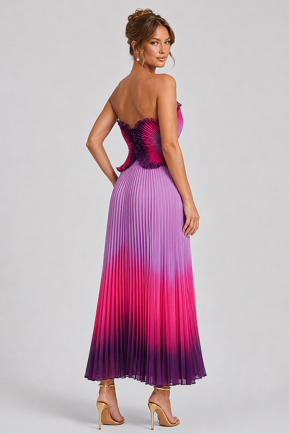 Ruffled Sweetheart Neck Pleated Ombre Midi Dresses-Purple [Pre Order]