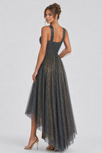 Crossover Halter Metallic Glitter Layered Tulle Maxi Dresses-Gray [Pre Order]