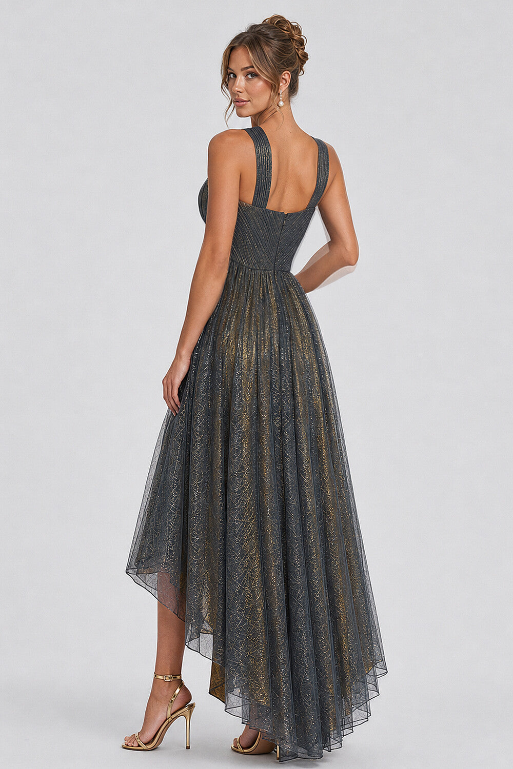 Crossover Halter Metallic Glitter Layered Tulle Maxi Dresses-Gray [Pre Order]