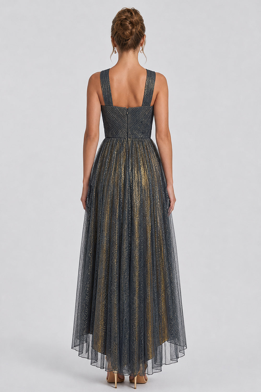 Crossover Halter Metallic Glitter Layered Tulle Maxi Dresses-Gray [Pre Order]