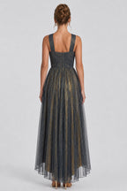 Crossover Halter Metallic Glitter Layered Tulle Maxi Dresses-Gray [Pre Order]