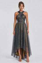 Crossover Halter Metallic Glitter Layered Tulle Maxi Dresses-Gray [Pre Order]