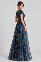 V Neck Cap Sleeve All Over Floral Print A‑Line Maxi Dresses-Navy [Pre Order]