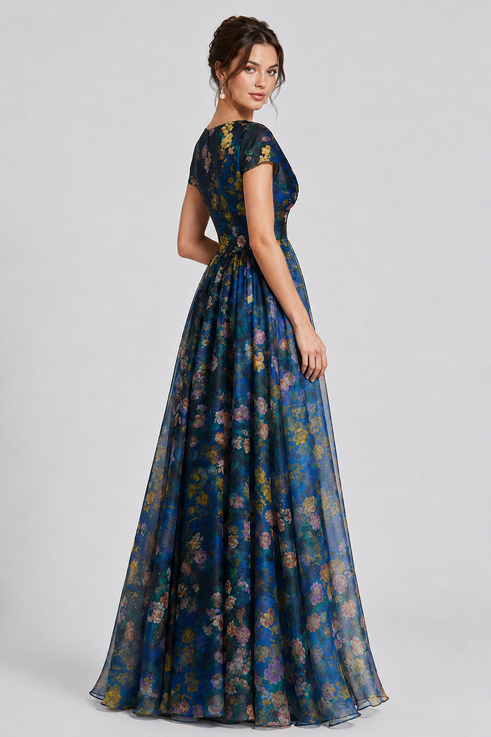 V Neck Cap Sleeve All Over Floral Print A‑Line Maxi Dresses-Navy [Pre Order]
